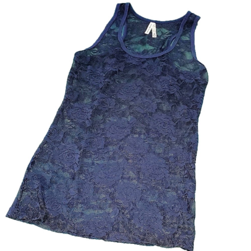 COLOR STORY Navy lace roses tanktop EUC medium